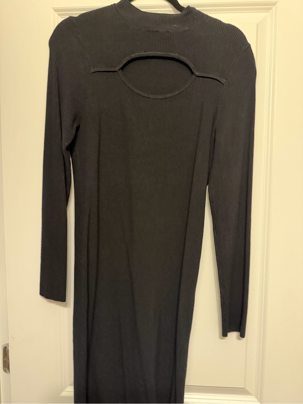 Long Sleeve Black Ribbed Dress with Front Cutout